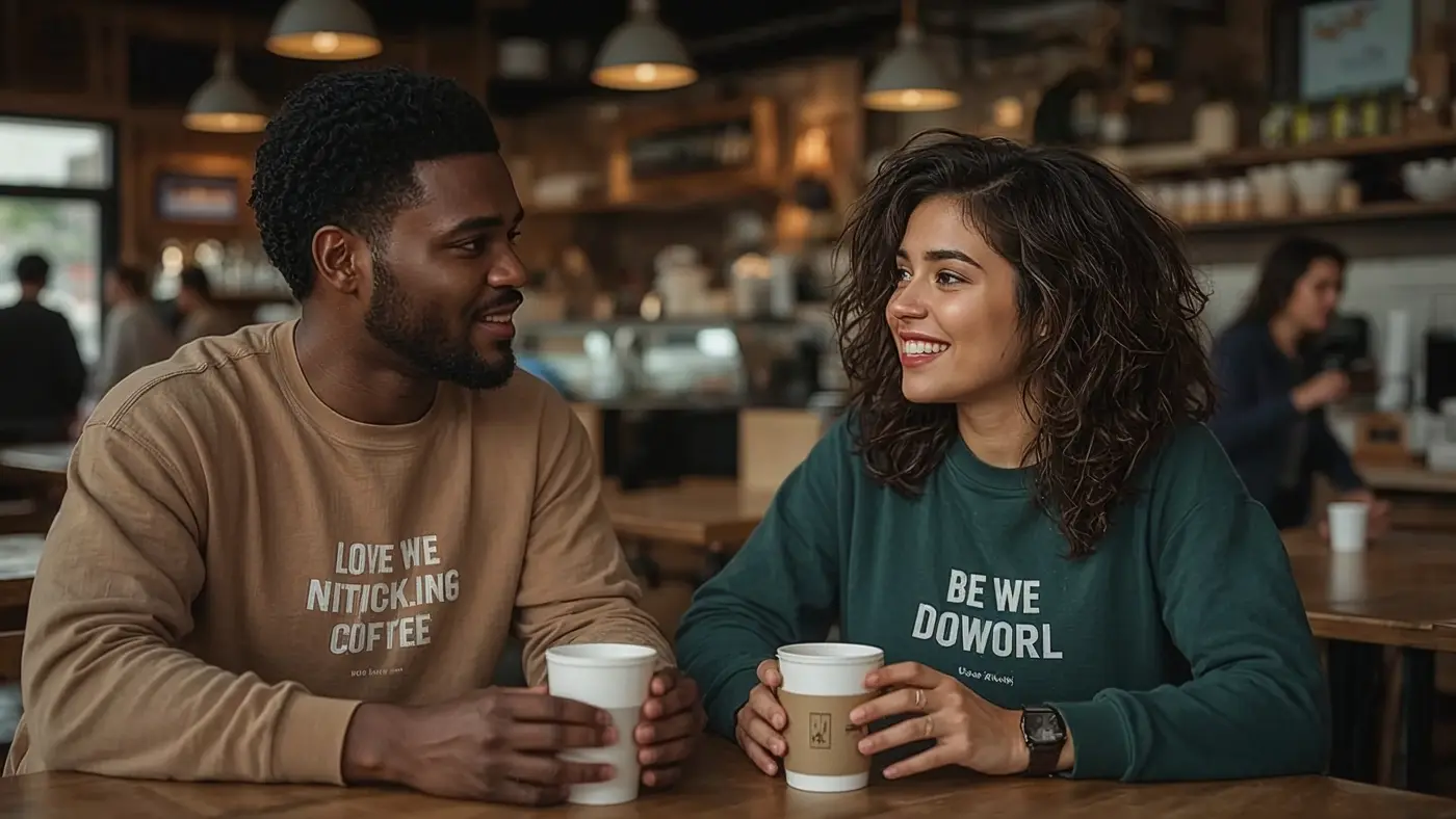 A hyper-realistic photo of two confident young adults in motivational streetwear engaging in conversation at a lively urban coffee shop.