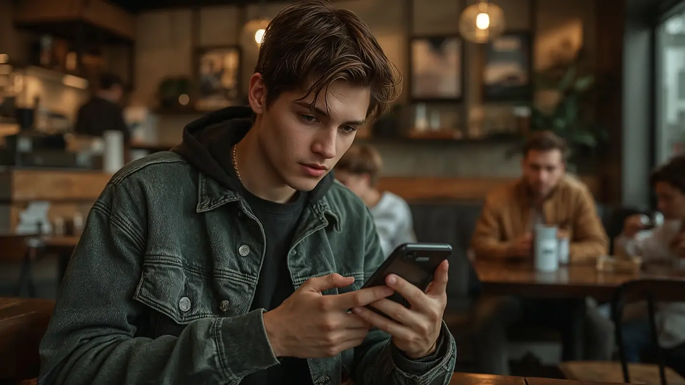 Streetwear-clad individual using a smartphone with visible AI-driven recommendations in a trendy urban café