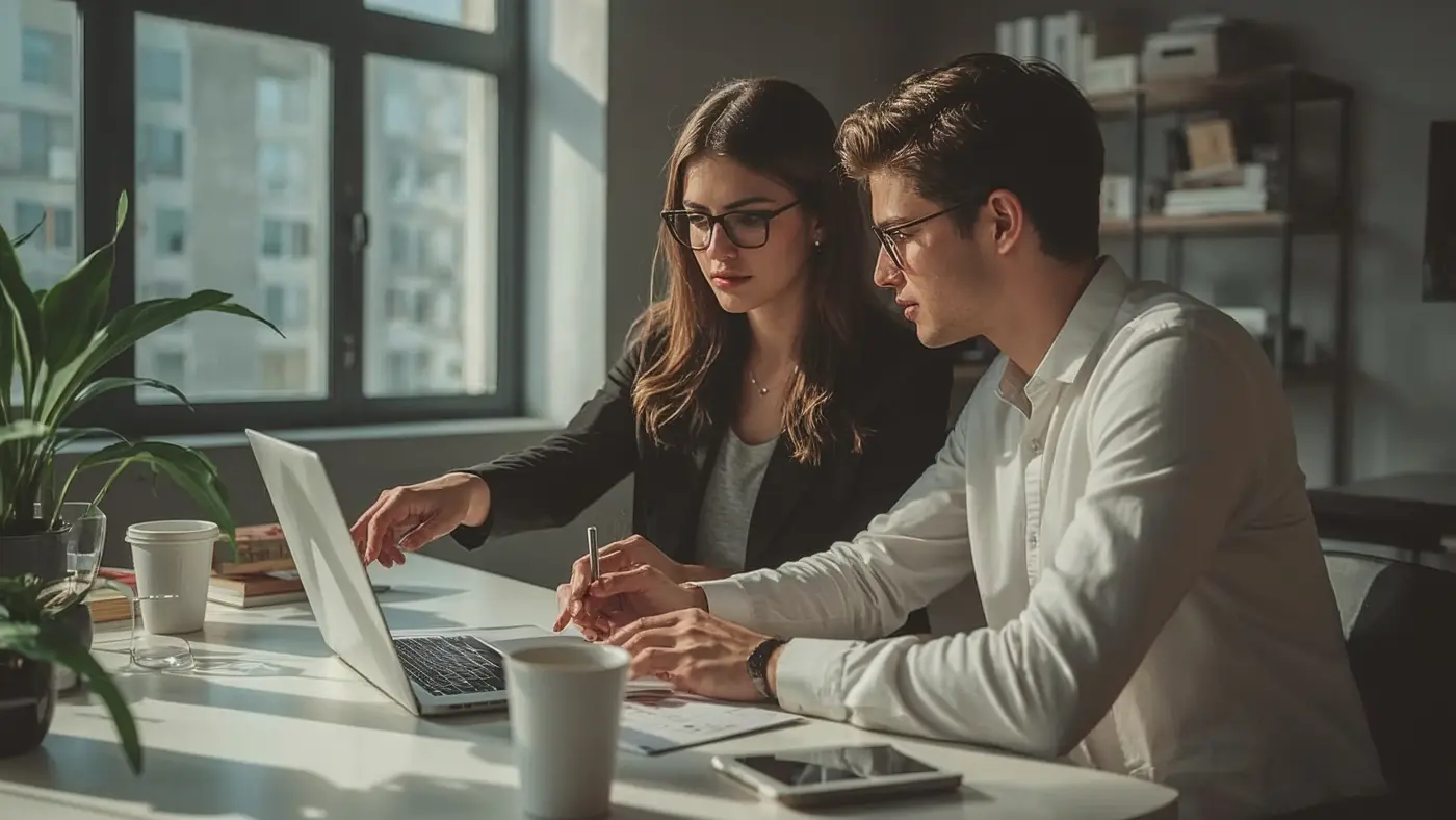 A hyper-realistic scene of two professionals collaborating in a stylish office, one pointing at a laptop, the other taking notes, with DTC packaging and productivity tools.