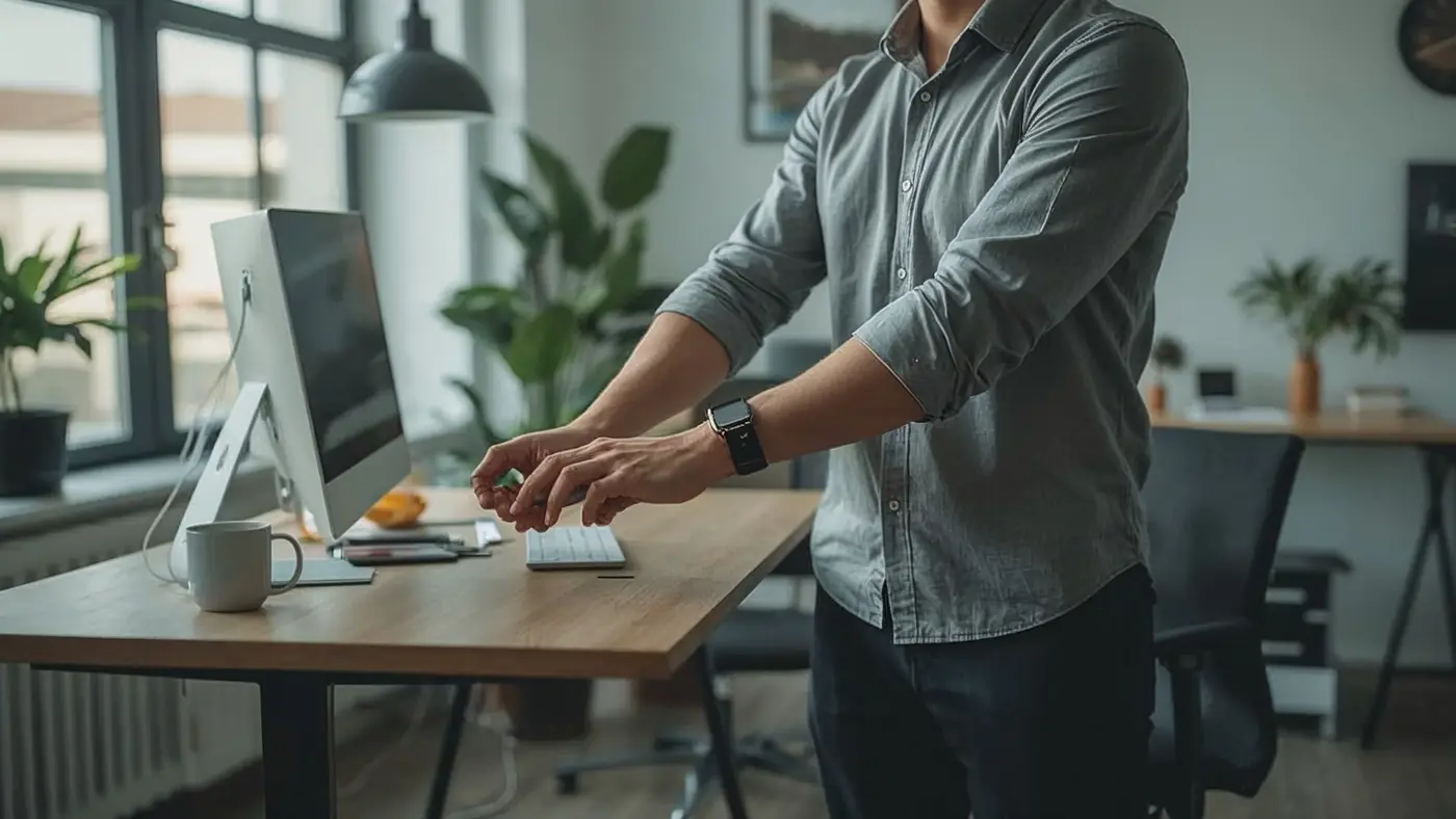 A professional stretching at a standing desk in a modern home office, blending work and fitness with natural lighting.