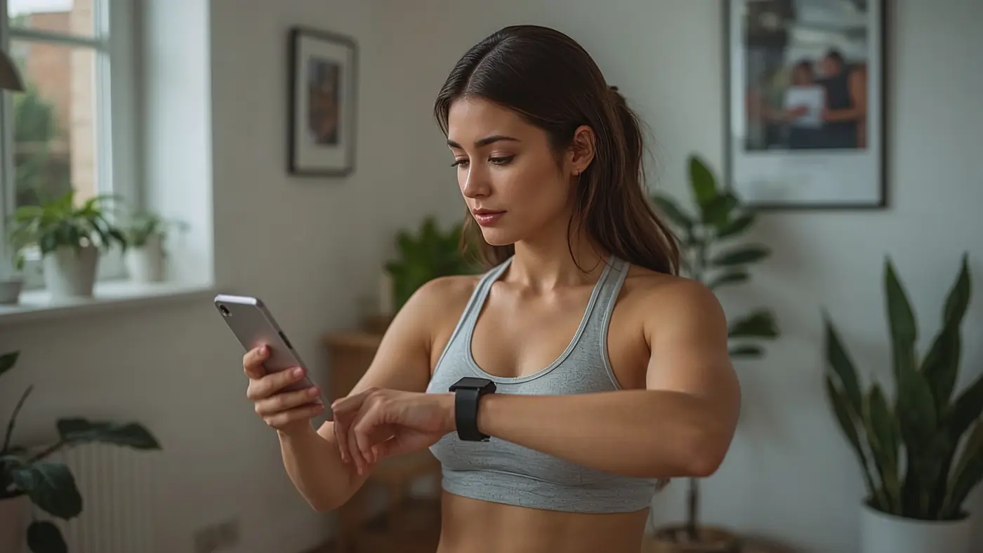 A person using fitness technology at home, checking a fitness app on a smartphone with motivational elements and natural lighting.
