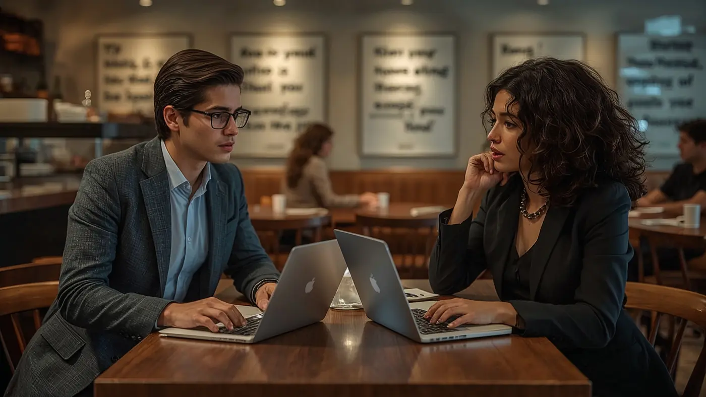 Hyper-realistic photo of two people engaged in an accountability conversation over coffee, with warm lighting and motivational decor