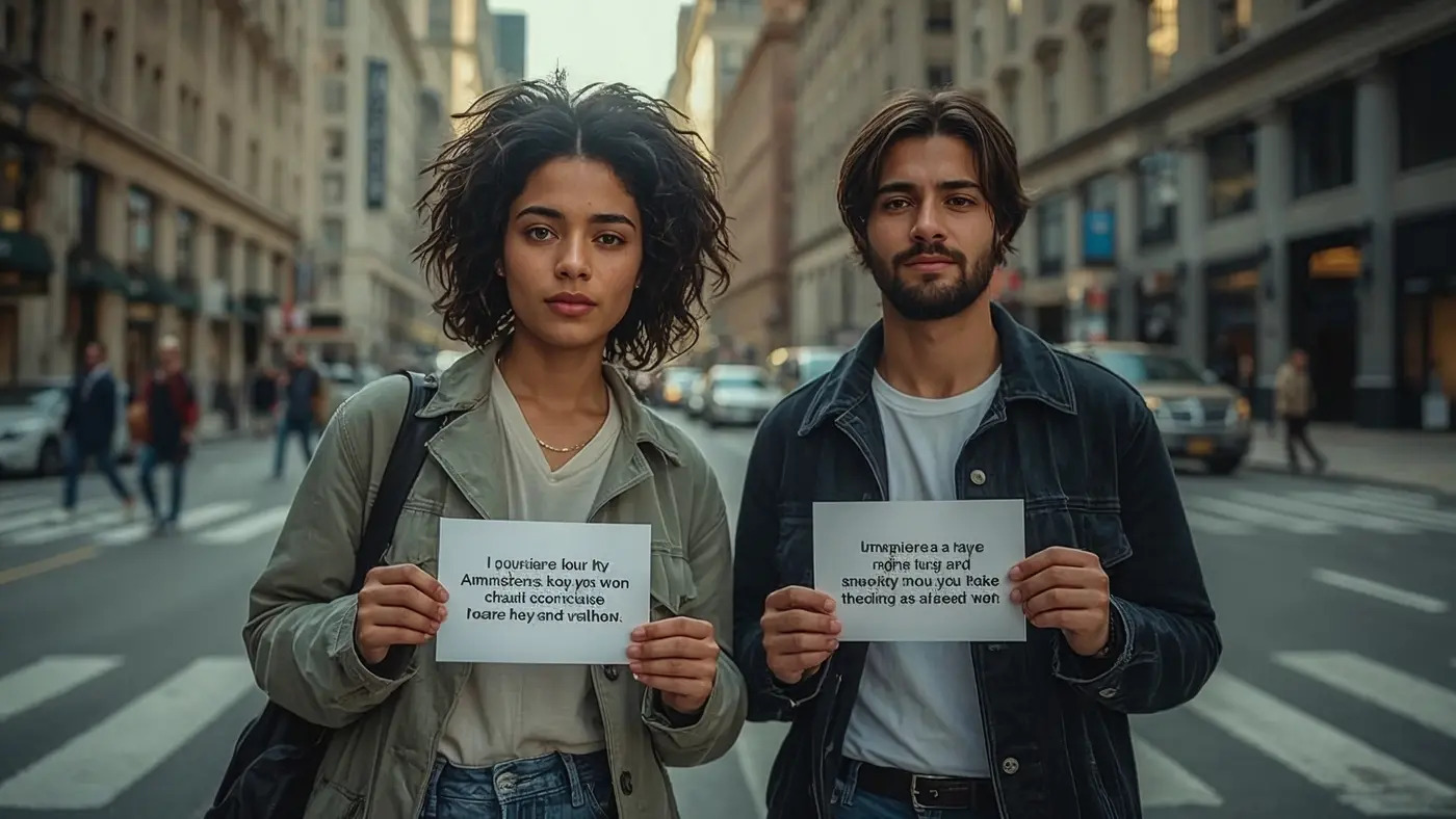 A hyper-realistic photo of two diverse, determined people standing in a city, each holding a motivation card, with urban background and natural lighting.