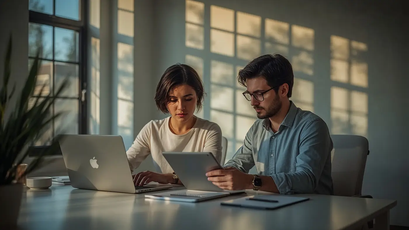 Two entrepreneurs collaborating in a sunlit, minimalist office, using a laptop and digital tablet, surrounded by modern tech and productivity tools.