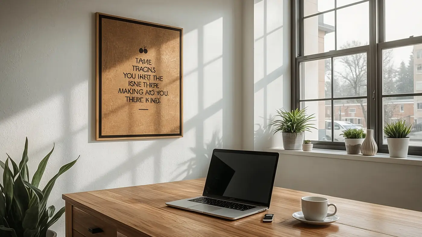 A hyper-realistic photo of a modern entrepreneur's home office with motivational quote board and laptop, illuminated by natural window light.
