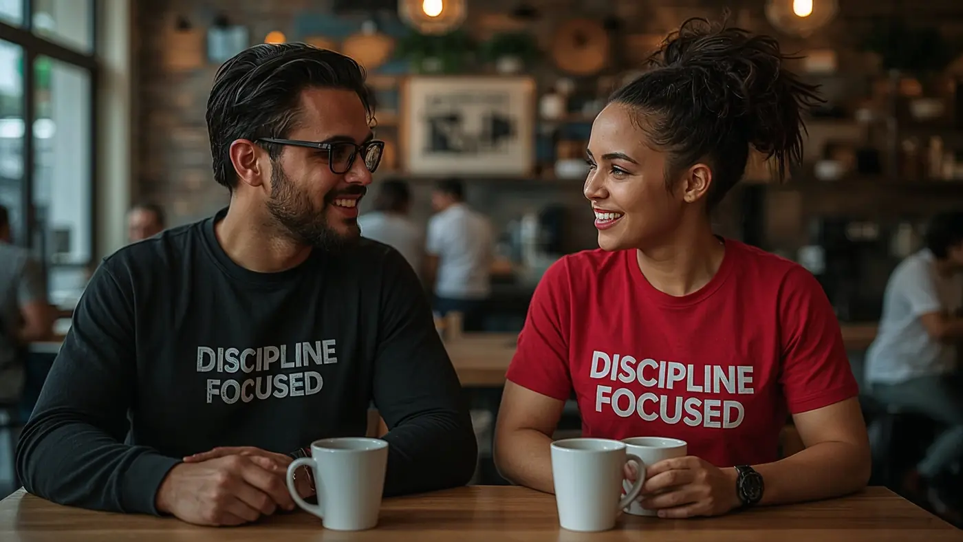A hyper-realistic photo of two entrepreneurs meeting at a contemporary café, both wearing clothing with discipline-focused slogans, in natural lighting, engaged in motivating conversation.