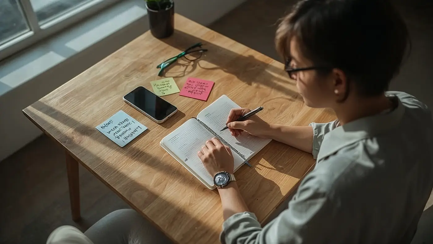 A hyper-realistic scene of a focused entrepreneur journaling success quotes at a sunlit wooden table, with motivational notes and a phone nearby.