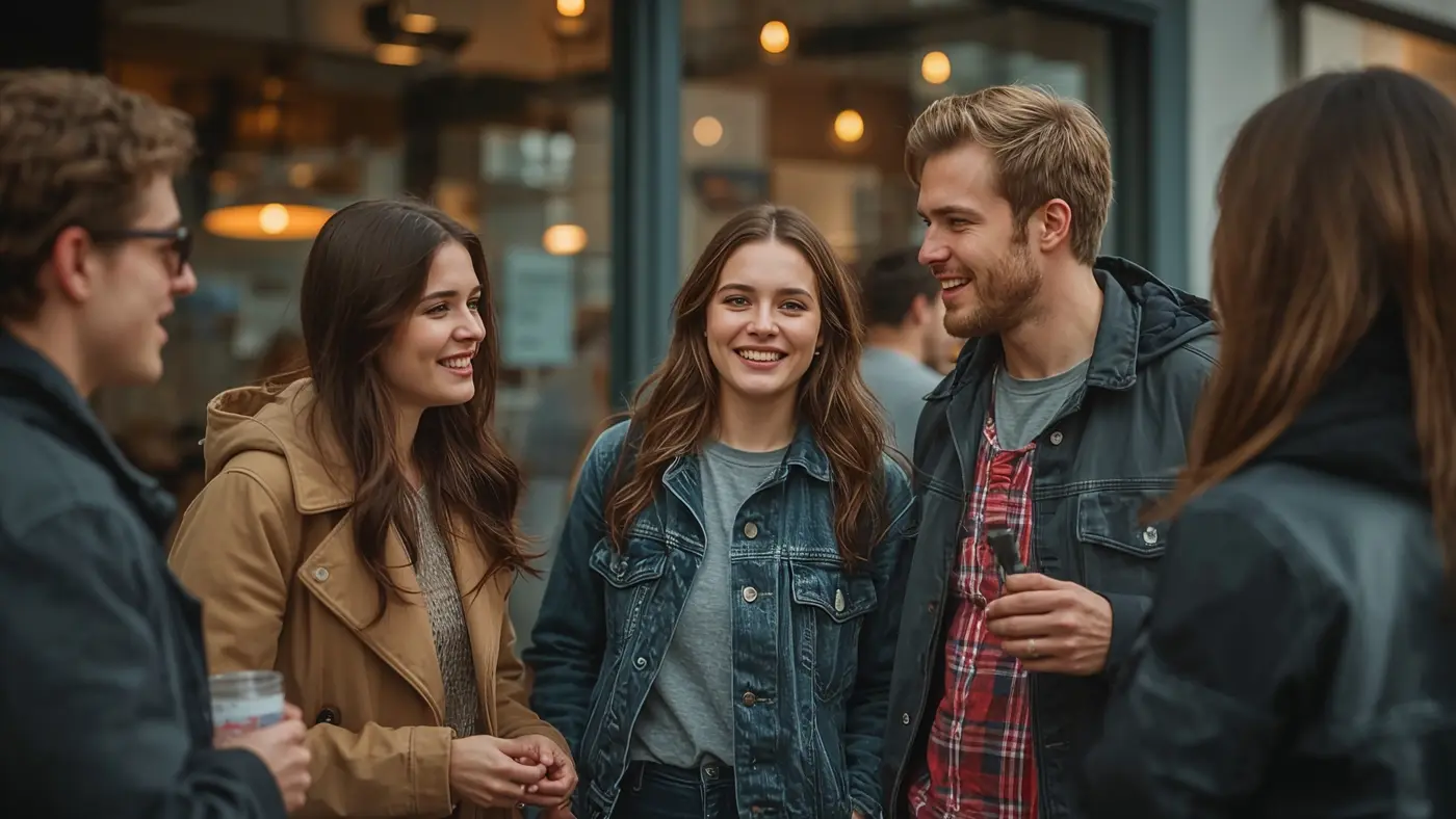 A hyper-realistic image of two community members discussing their projects at a local pop-up event, symbolizing real-world engagement and collaboration.