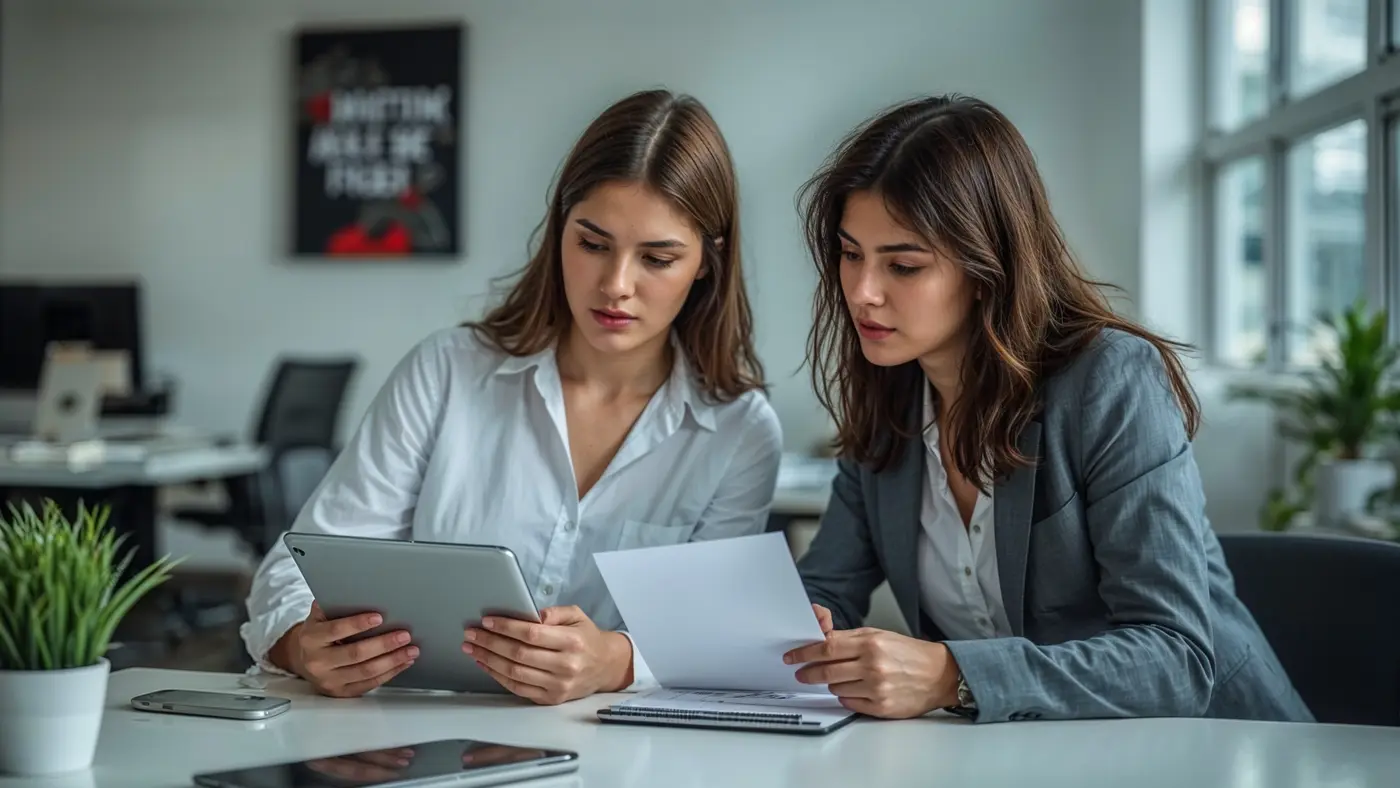 A hyper-realistic photo of two entrepreneurs brainstorming in a bright, modern office, collaborating over a tablet and notepad with natural lighting.