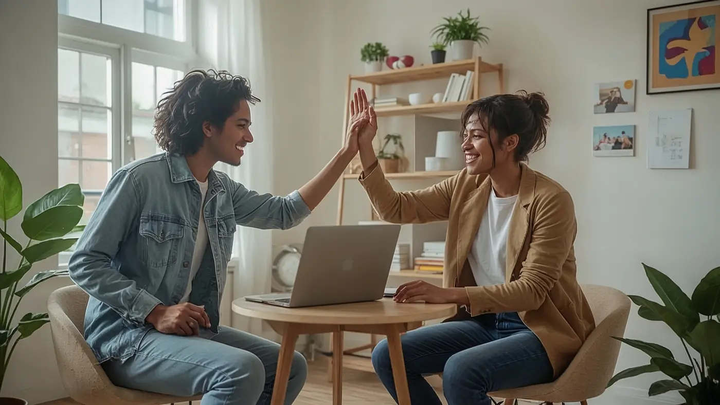 A hyper-realistic photo of two people in casual wear, sitting at a table in a bright room, high-fiving while reviewing progress on a laptop.