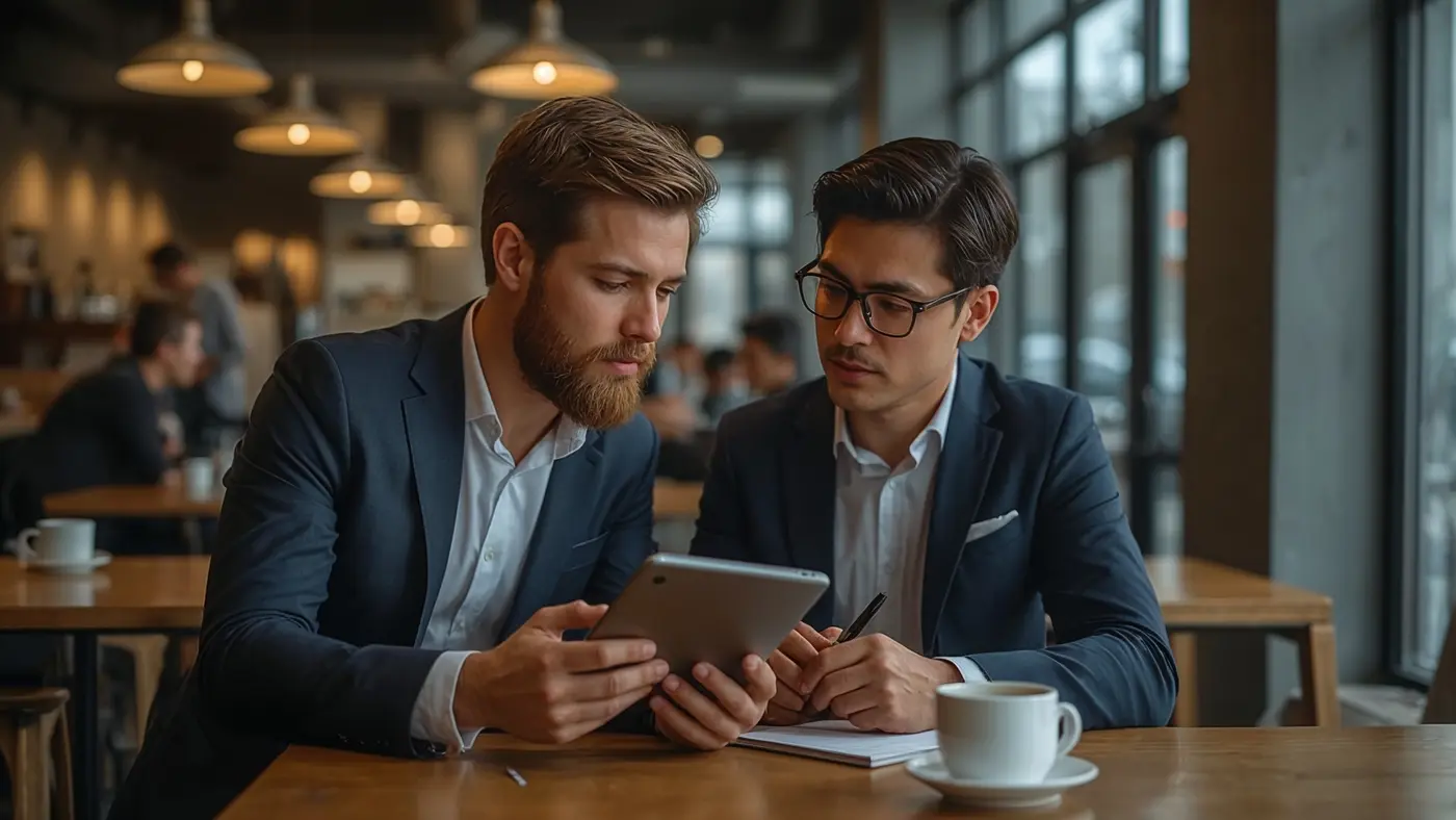 Two entrepreneurs collaborating in a modern coffee shop, discussing business strategy with a tablet and notes