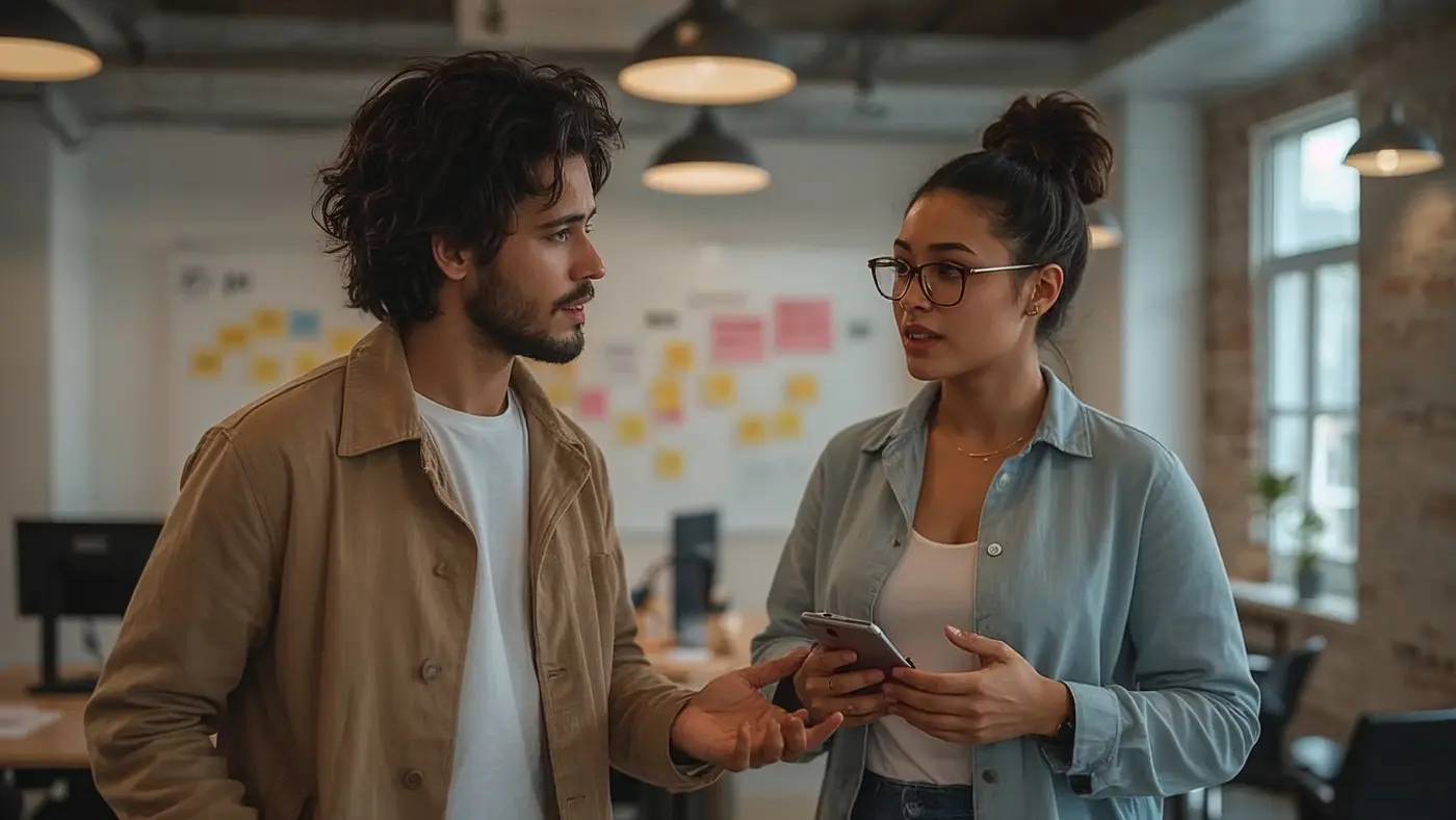 A hyper-realistic photo of two diverse entrepreneurs having a focused discussion in a collaborative co-working space, with motivational quotes visible in the background.