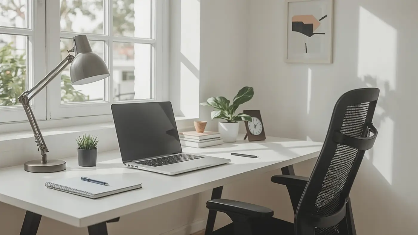 A hyper-realistic photo of a minimalist, organized workspace with clean desk, laptop, notebook, and natural daylight.