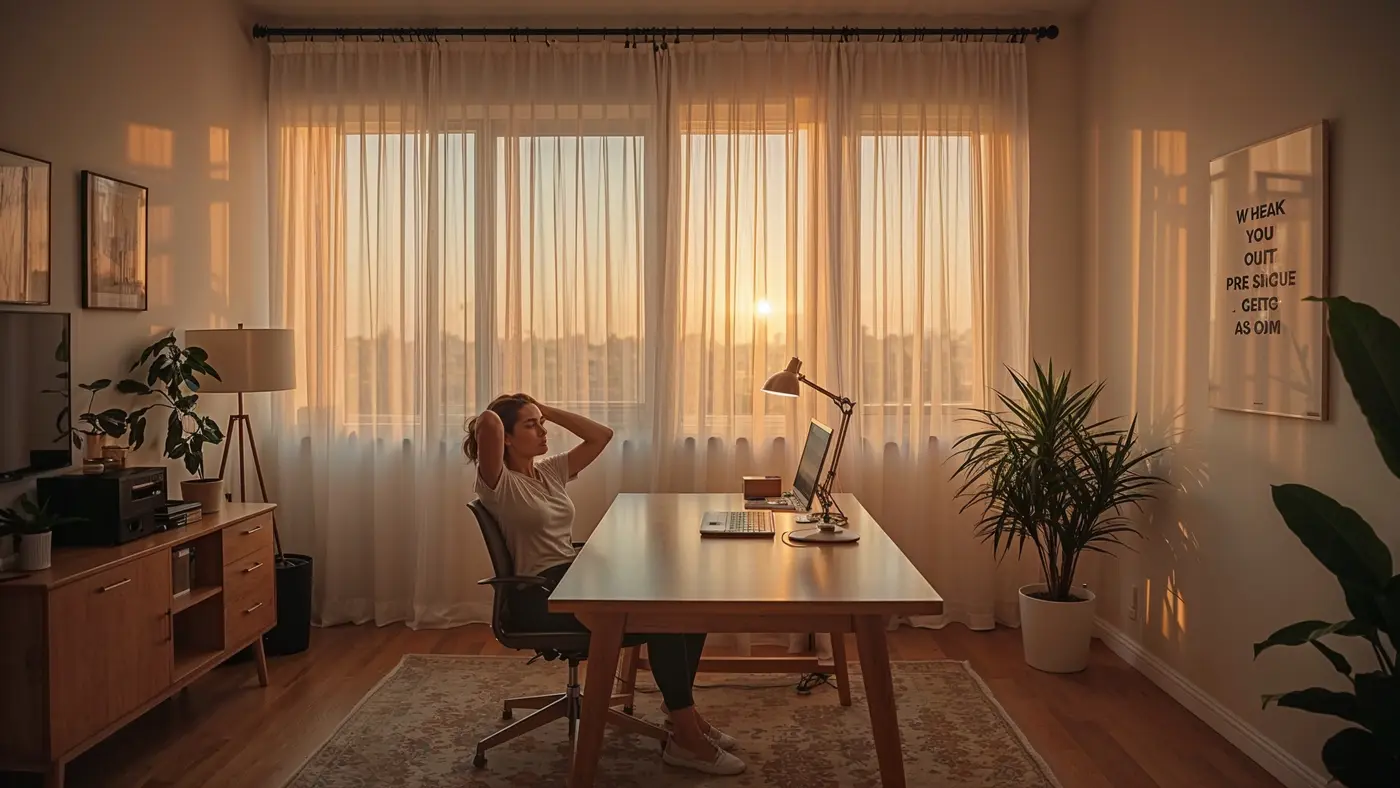 A hyper-realistic photo of a minimalist home office at sunset, showing a person stretching and taking a micro-break beside a tidy desk.
