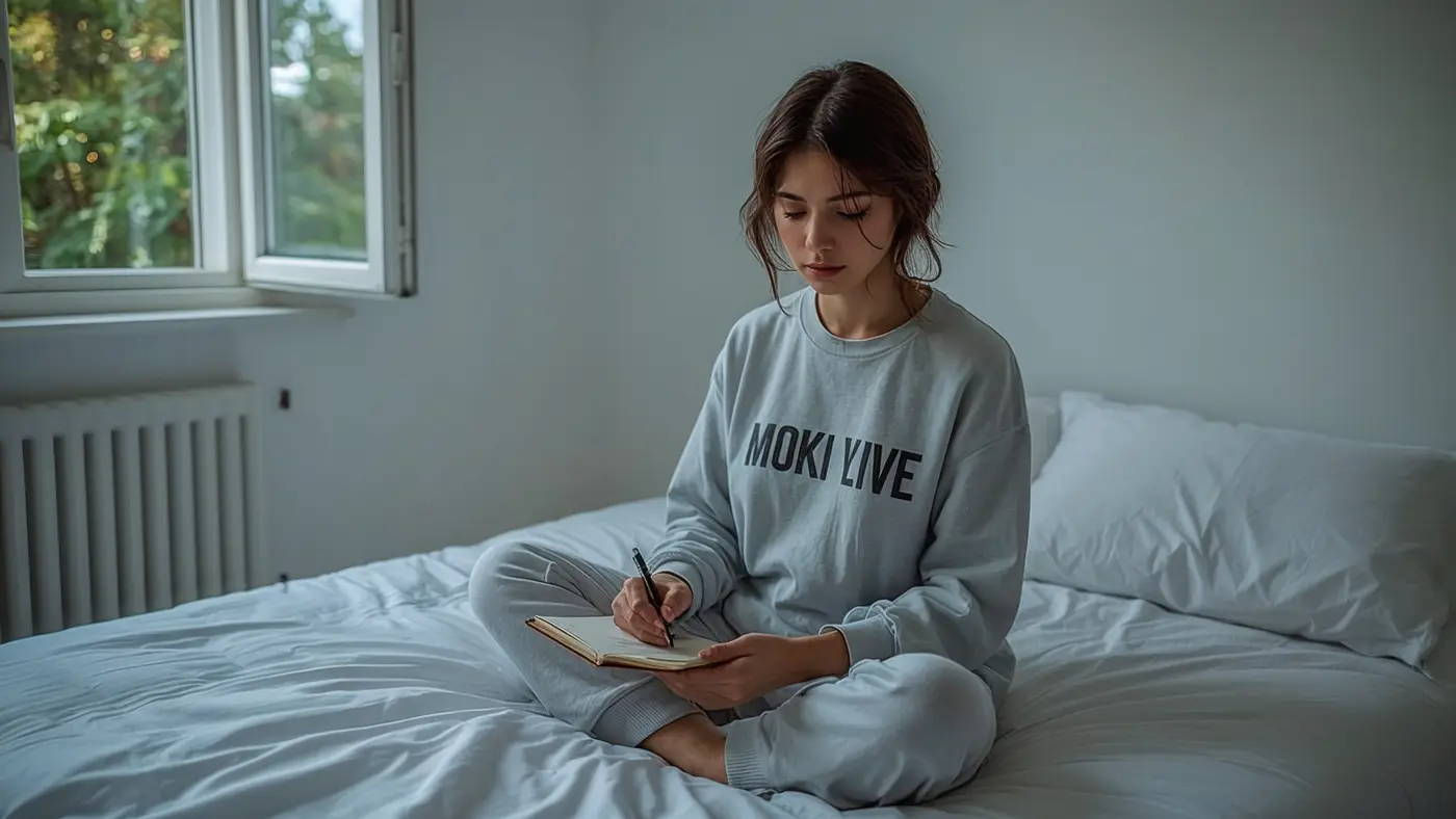 A hyper-realistic image of a person in motivational streetwear, sitting cross-legged on a bed in a minimalist bedroom, journaling in natural morning light with greenery visible through an open window.
