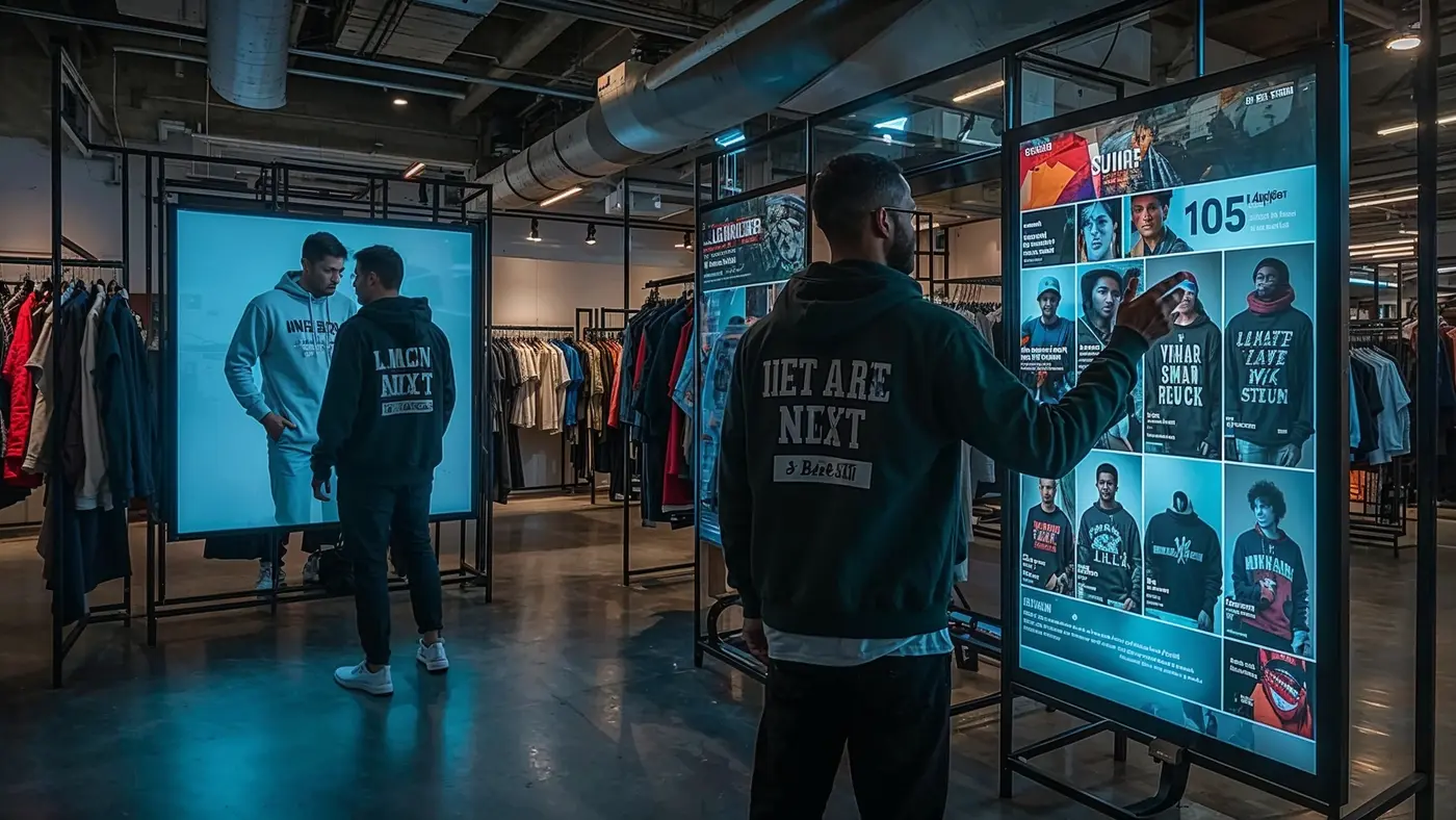 Exclusive pop-up apparel event with one person trying on motivational streetwear and another engaging with digital displays, blending physical shopping and digital personalization.