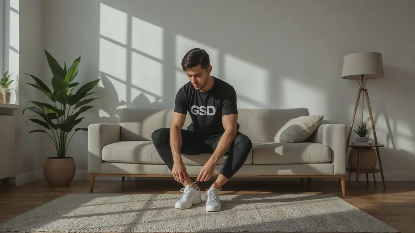Hyper-realistic photo of a young adult in GSD athletic wear tying sneakers in a sunlit, minimalist living room, exuding readiness and morning energy.
