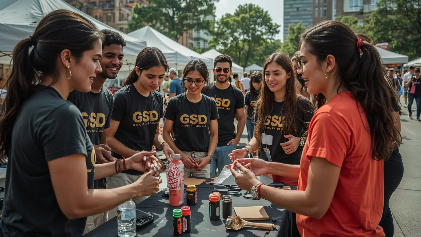 A hyper-realistic image of a community pop-up event with two people in GSD Apparel connecting over a motivational fitness challenge, captured in natural daylight among a lively crowd.