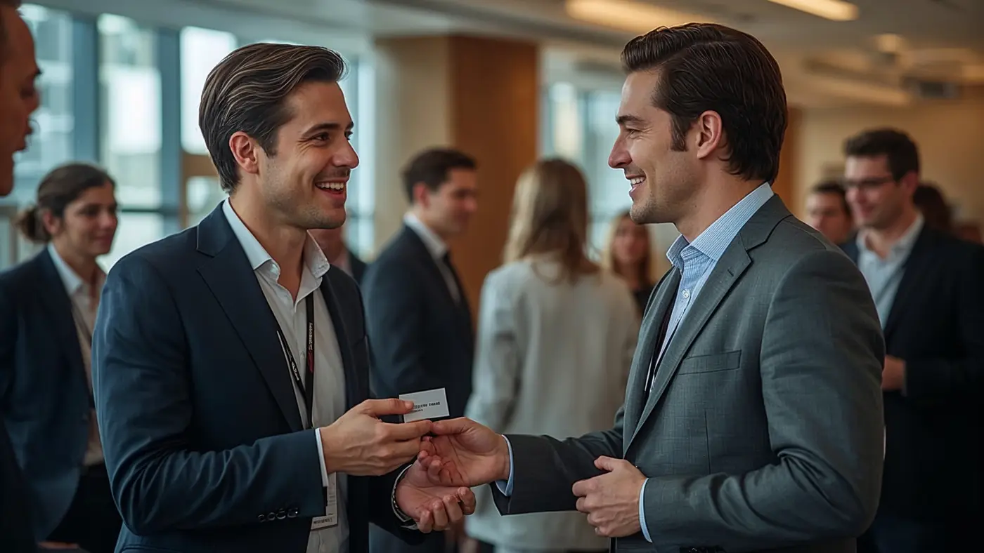 A hyper-realistic image of two professionals exchanging business cards at a networking event, set in a contemporary conference space with natural lighting.