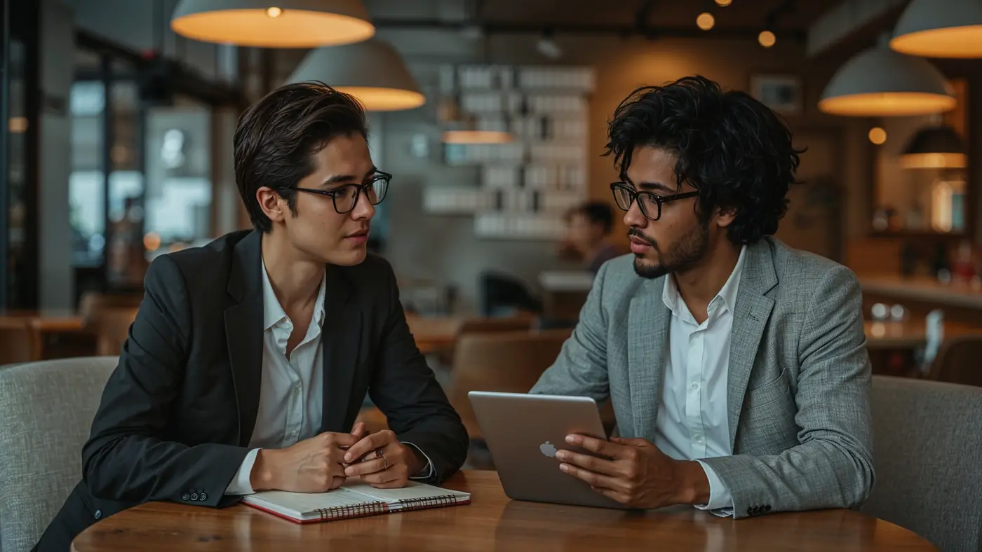 Two entrepreneurs in a hyper-realistic café or coworking space, collaborating and discussing business goals in a focused environment.