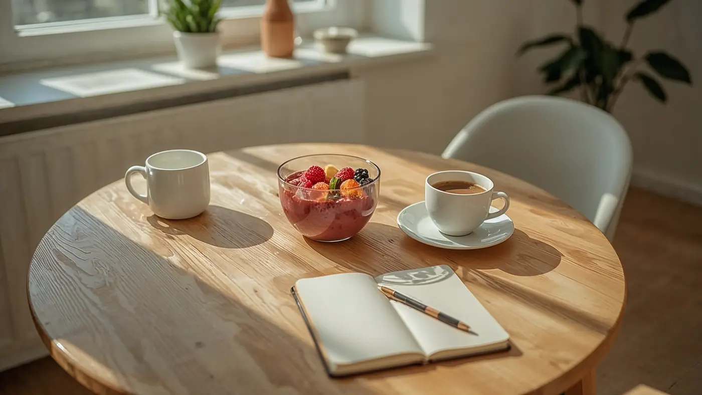 A hyper-realistic photo of a cozy kitchen table with a smoothie bowl, fresh fruits, coffee, and a notebook ready for a morning routine.