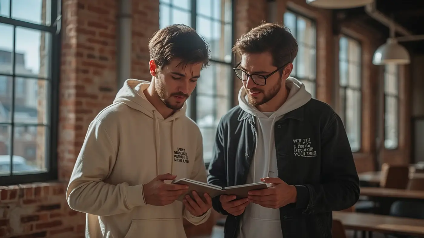 Hyper-realistic photo of two entrepreneurs in premium streetwear collaborating in a modern co-working space with motivational quotes on apparel and laptop stickers