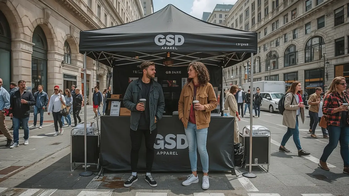 Hyper-realistic photo of a man and woman at an urban GSD Apparel pop-up booth, engaged in lively conversation, with a city street backdrop and bright natural daylight.