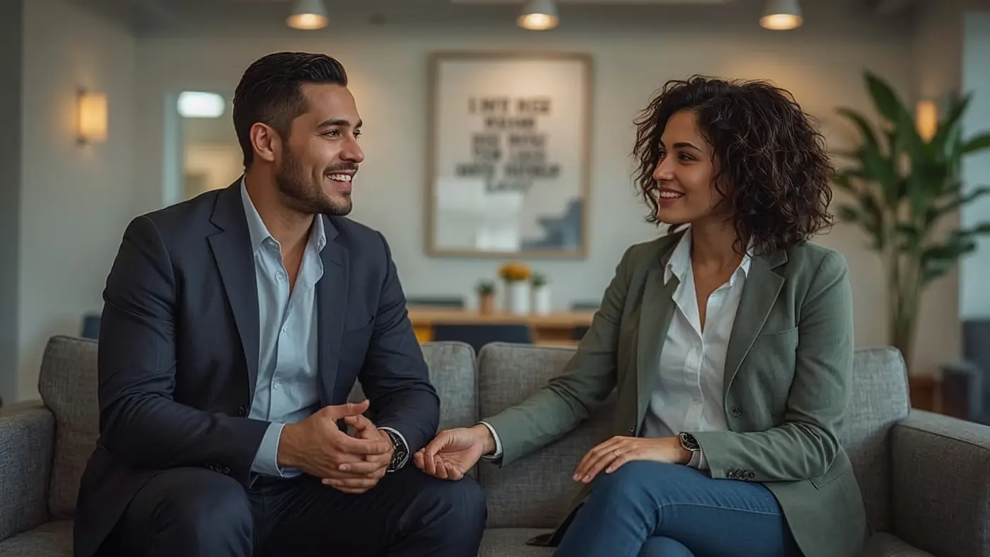 Two business professionals in a bright co-working space, sharing a genuine conversation and connection, surrounded by subtle motivational elements.