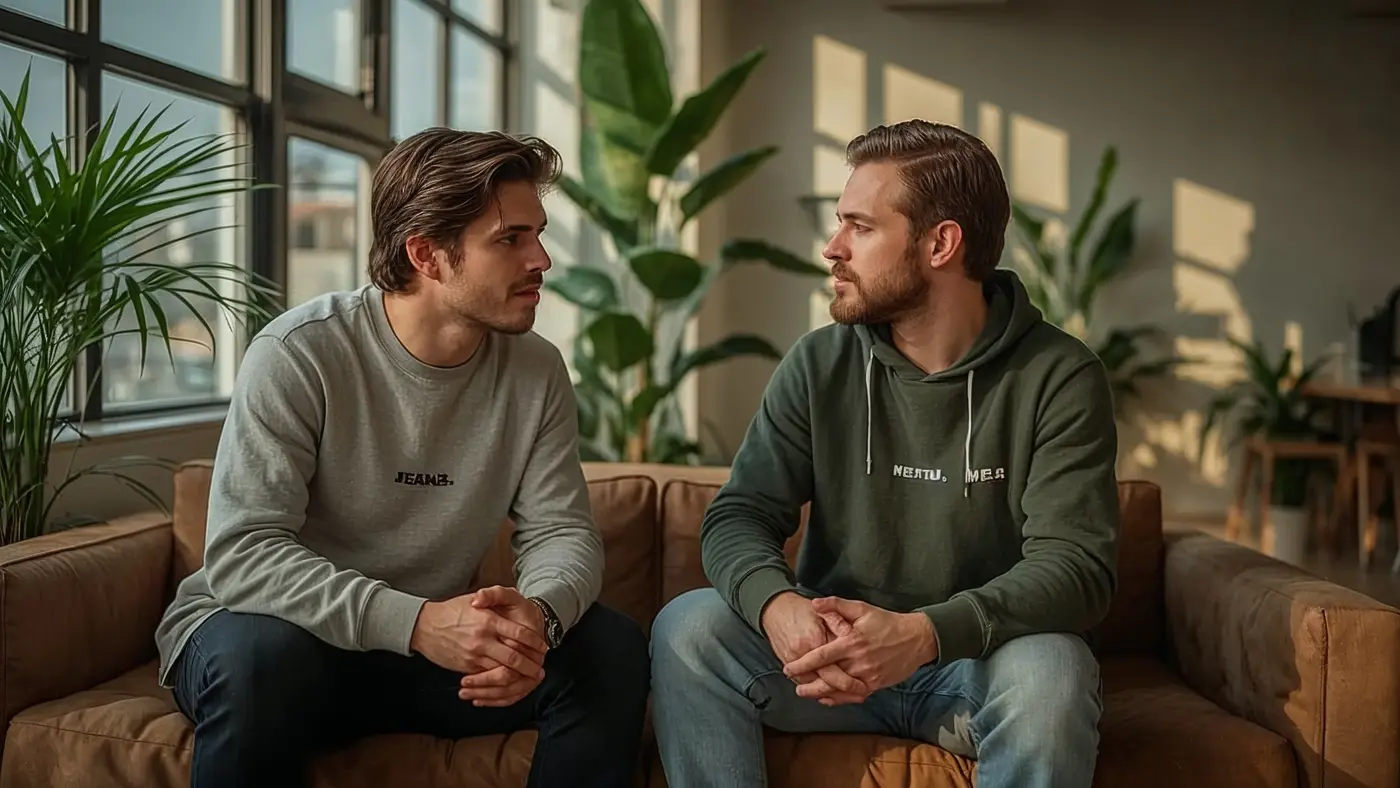 Two entrepreneurs collaborating in a trendy co-working space, both wearing motivational streetwear, in a hyper-realistic photo with real sunlight and authentic decor.