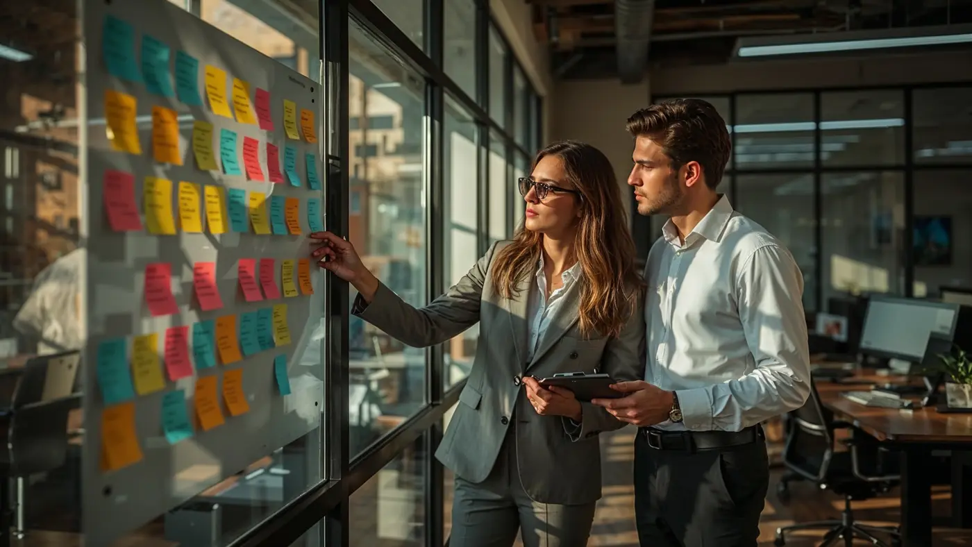 Two professionals in a realistic office, interacting over a Kanban board filled with sticky notes.