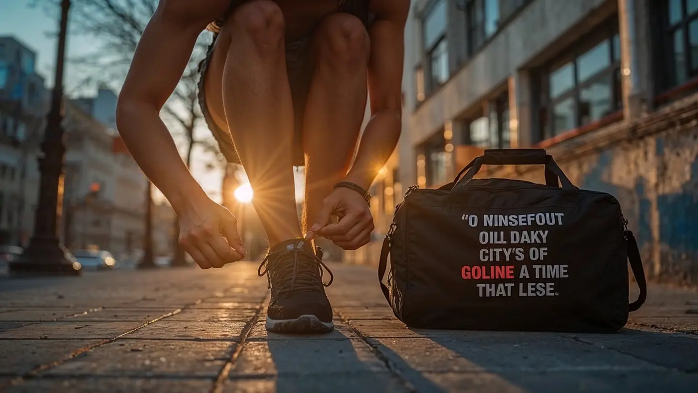 A hyper-realistic photo of an athlete tying shoelaces on a city sidewalk at sunrise, with a motivational quote on their gym bag, radiating determination.