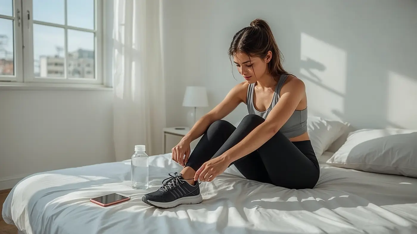 A hyper-realistic photo of a young woman in activewear on a neatly made bed, tying her running shoes in a tidy, sunlit bedroom.