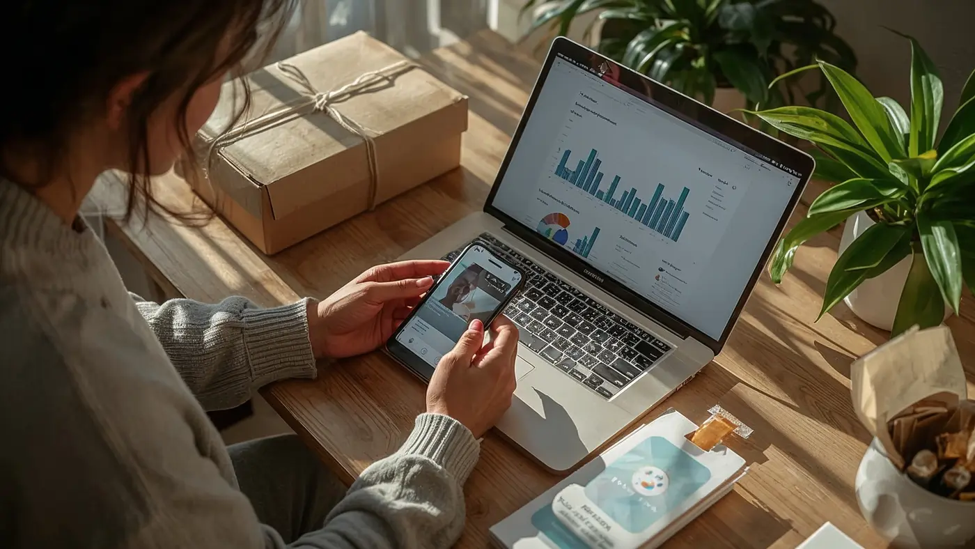 Entrepreneur managing social media and packing products for shipping in a sunlit workspace, surrounded by branded packages and a data dashboard on a laptop.