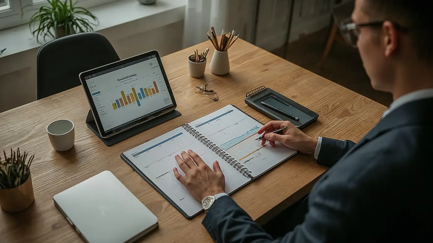 A modern home office workspace seamlessly integrating a paper planner and a digital productivity dashboard, with a person referencing both in natural daylight.