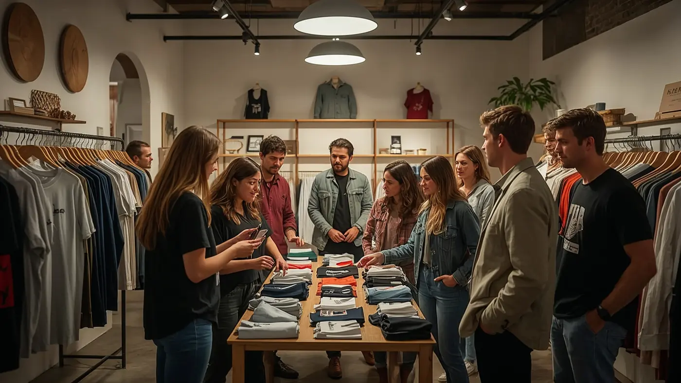 A community-driven pop-up event for an apparel brand, with real people engaging and sharing stories in a welcoming, well-lit space.