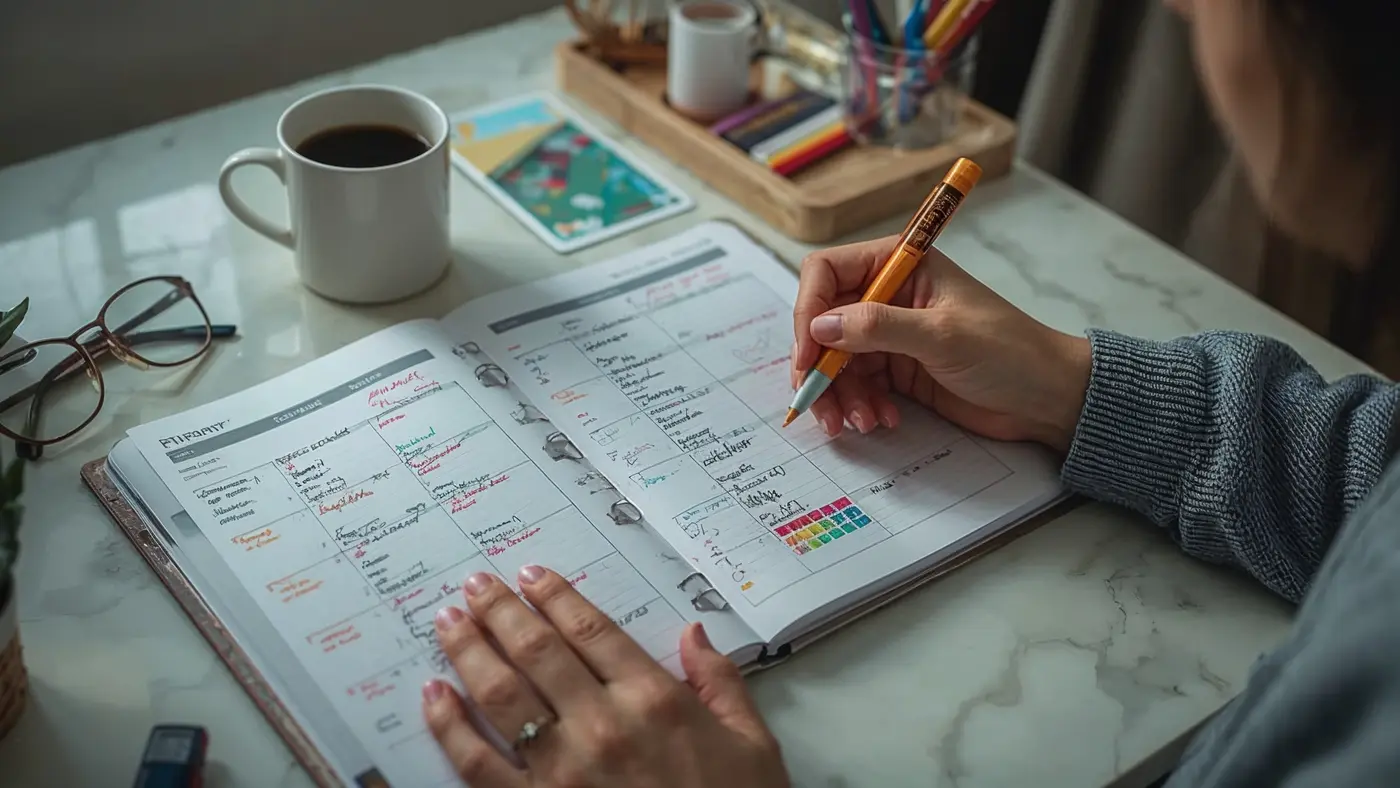 A hyper-realistic photo of a person's hands color-coding and marking priorities in a planner with vibrant markers and stickers, surrounded by a coffee mug, glasses, and a small plant on a well-lit desk.