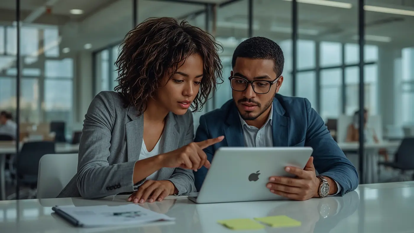 Hyper-realistic photo of two professionals collaborating over a tablet in a bright, glass-walled office, demonstrating teamwork and delegation.