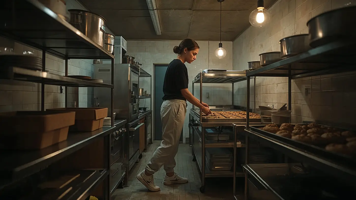 A hyper-realistic photo of a female entrepreneur in a bakery working late at night, wearing streetwear joggers, surrounded by baking tools and pastries.
