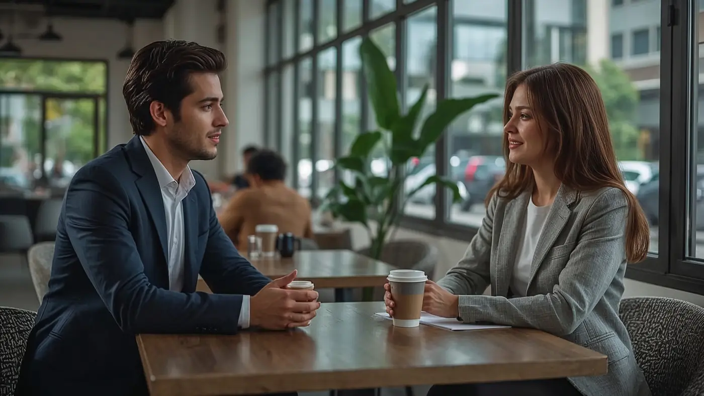 Hyper-realistic photo of two young professionals networking in a modern coffee shop, confidently engaging in conversation with natural daylight and authentic interaction.