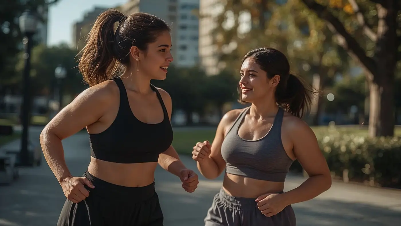 A hyper-realistic photo of two people working out together outdoors in a city park, wearing modern and inclusive activewear, with golden hour lighting showing their teamwork and diversity.