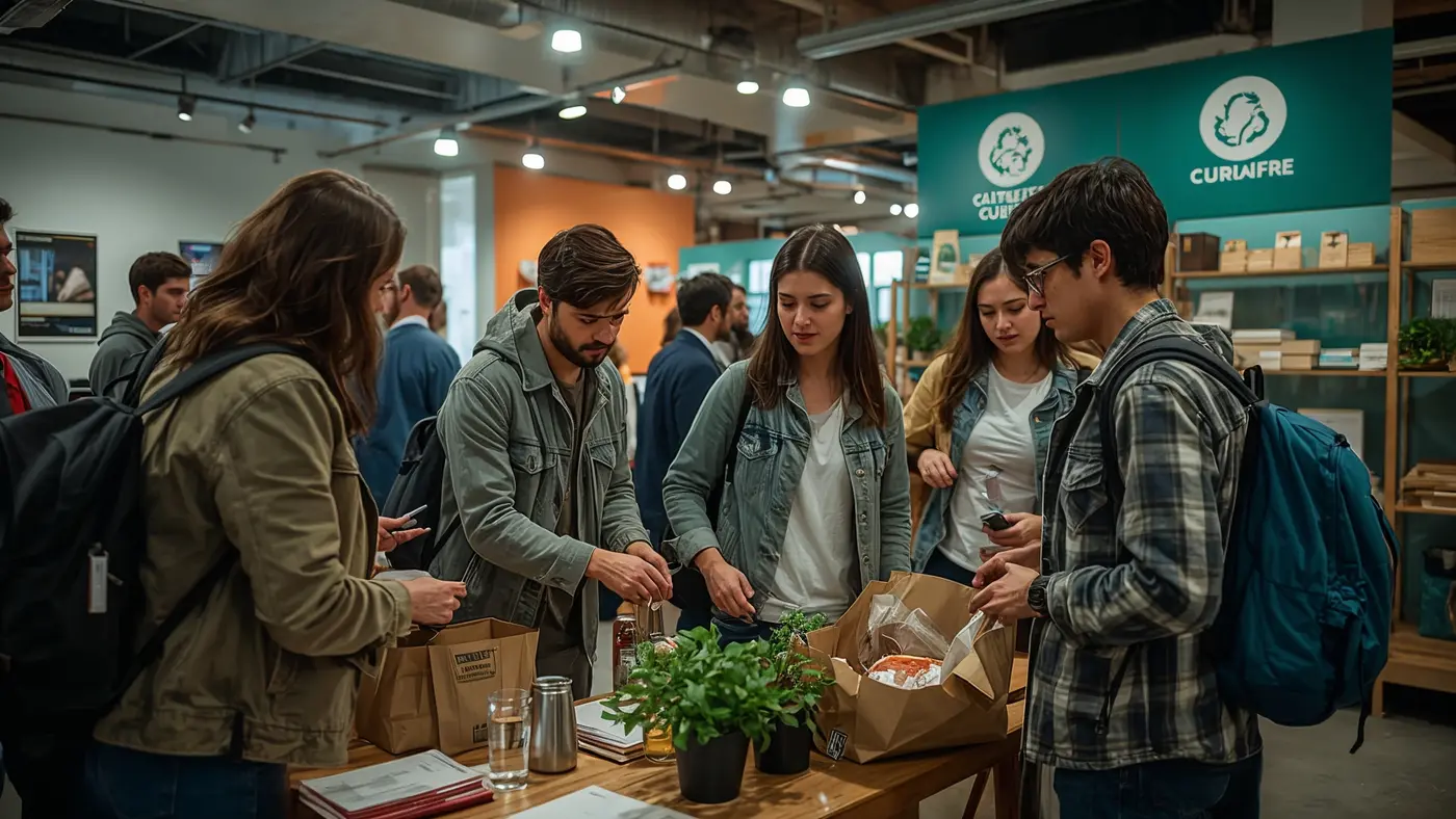 Brand-hosted retailtainment event with customers engaged in a hands-on sustainability workshop, sustainable materials, and vibrant community atmosphere in a modern retail space.