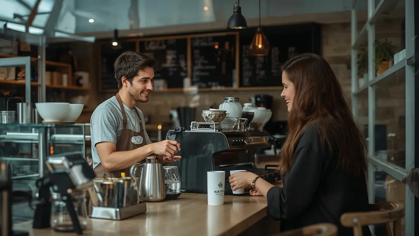A hyper-realistic photo of a small urban coffee shop with a barista handing a coffee to a smiling customer, highlighting recycled packaging and a warm, eco-friendly atmosphere.