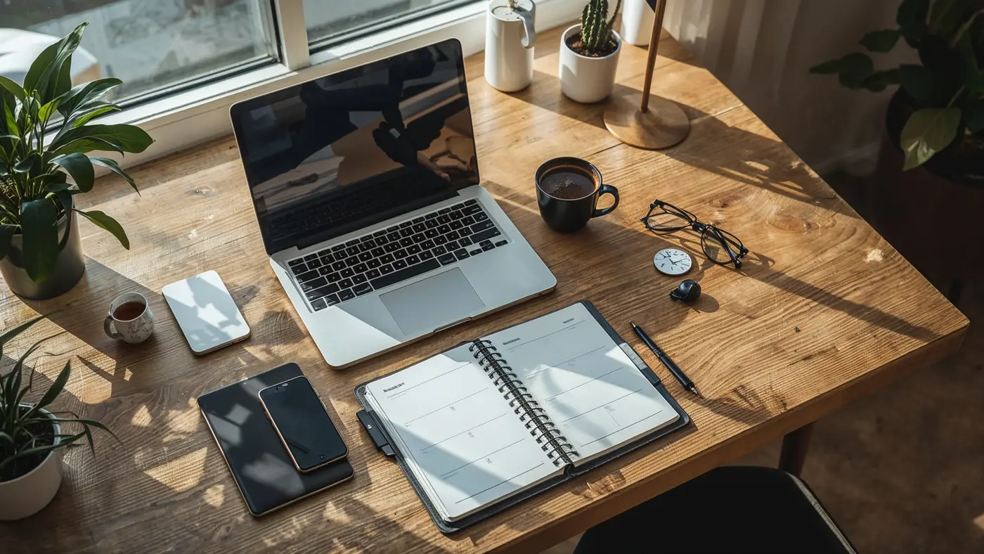 A hyper-realistic photo of a modern, organized workspace with a laptop, planner, smartphone, and coffee in natural lighting.