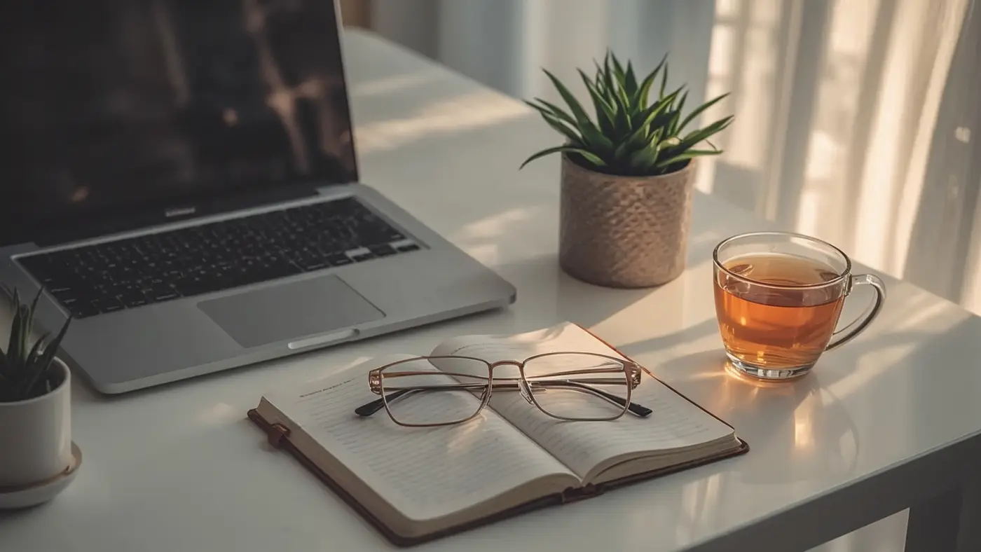 A modern entrepreneur's workspace featuring a laptop, journal, herbal tea, and glasses in soft morning light, emphasizing a calm, focused atmosphere.