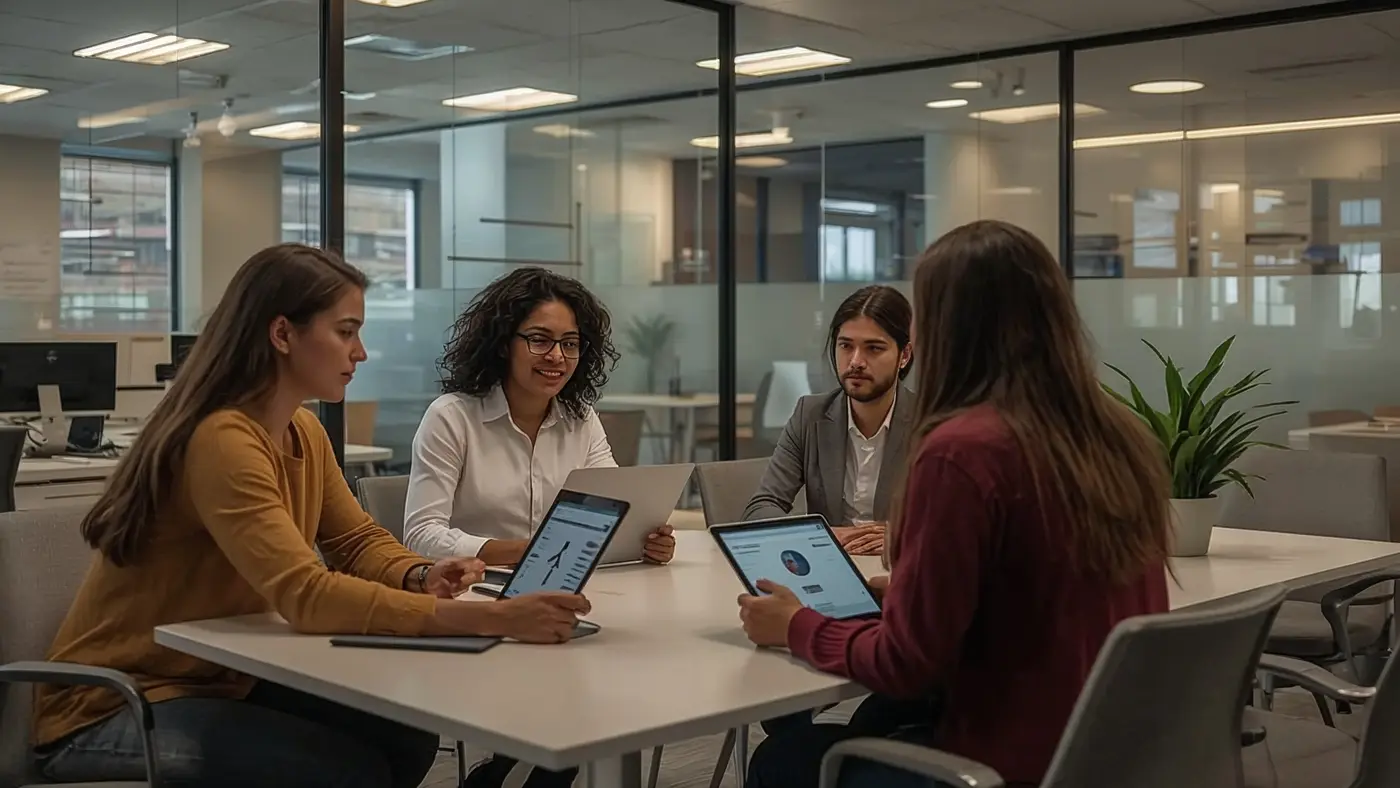 Two diverse GSD Apparel employees review supply chain data in a bright, modern office, highlighting ethical practices and collaboration.