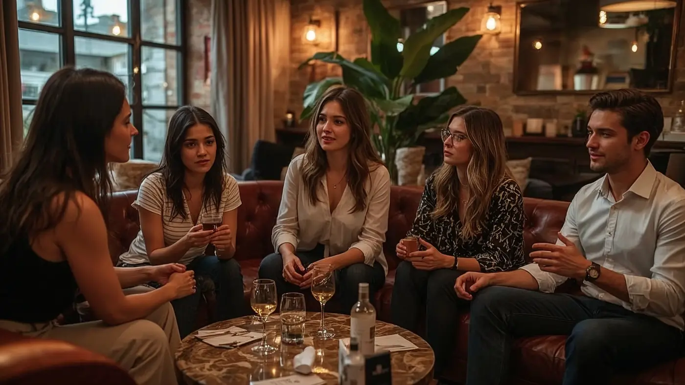A young business leader hosting a cozy community event, engaging with brand followers in a stylish lounge with warm lighting and visible product samples.
