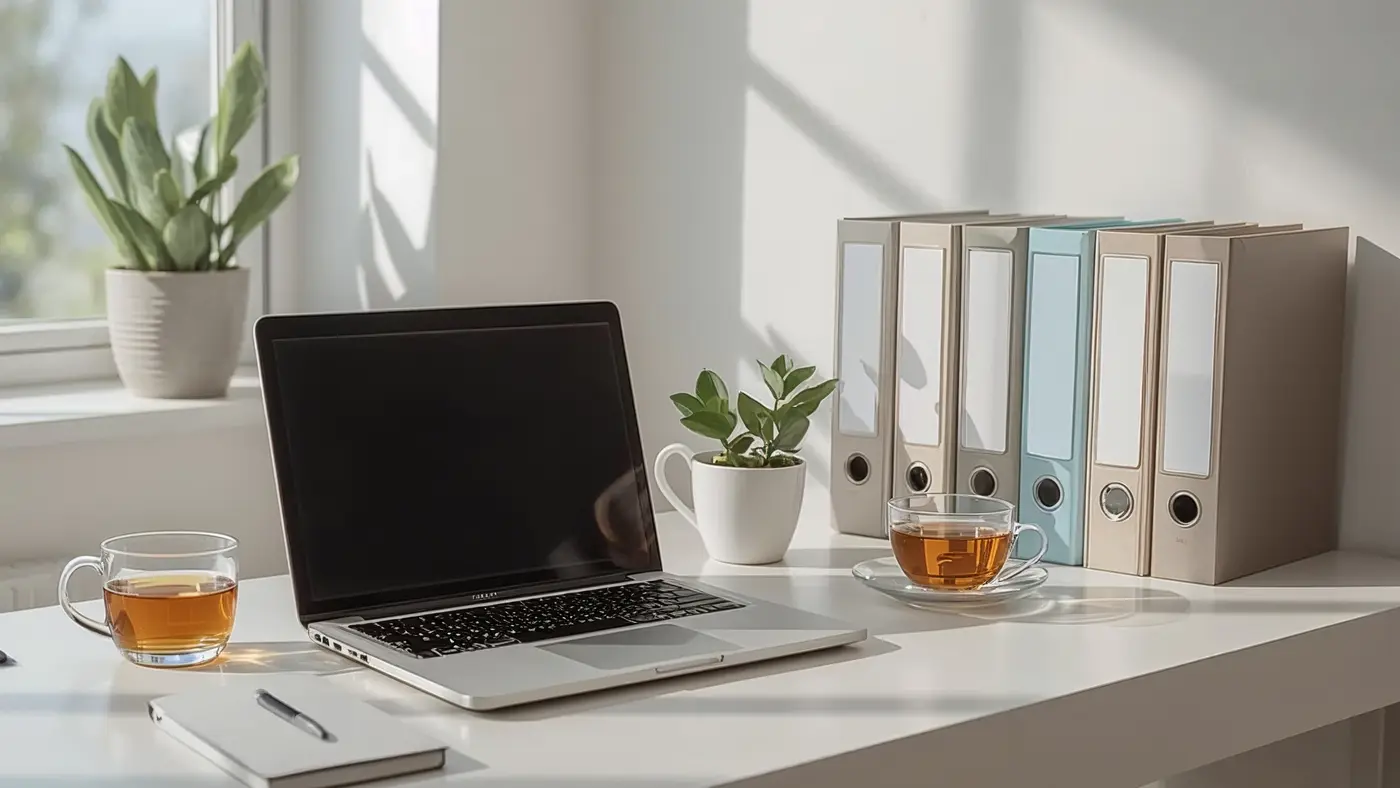 A hyper-realistic scene of a modern, decluttered desk with a closed laptop, organized folders, and a cup of herbal tea, illuminated by natural daylight.