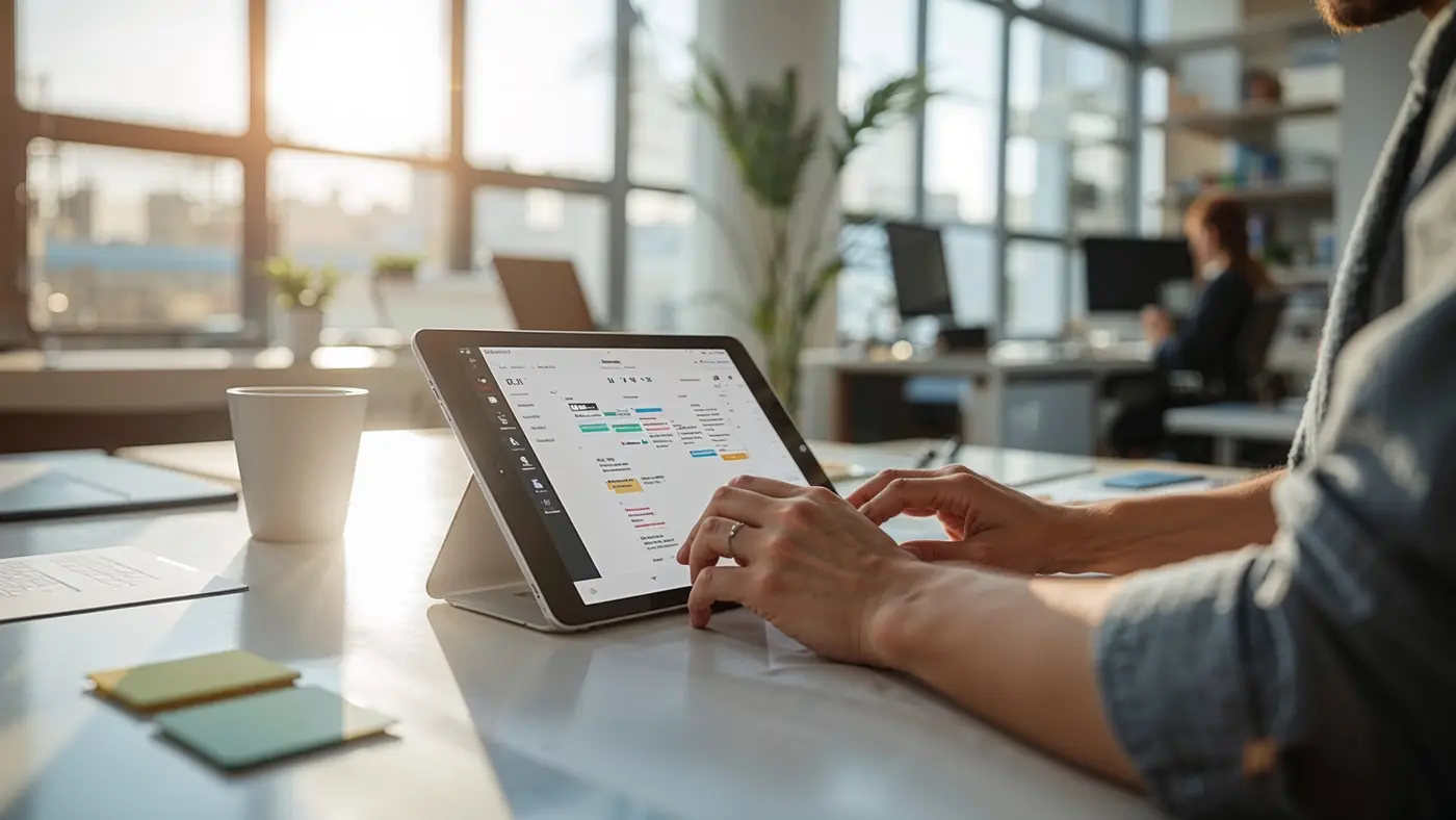 A hyper-realistic scene of a young professional managing tasks on a digital Kanban board in a bright, modern office.