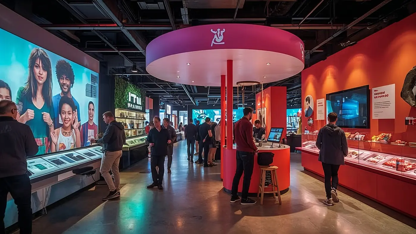 A hyper-realistic photo of a modern pop-up retail-tainment event where customers interact with immersive product displays and digital experiences, capturing authentic community engagement and excitement.