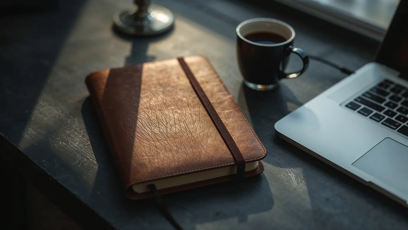 A hyper-realistic photo of a modern workspace with a closed leather planner, coffee, and laptop illuminated by morning light.